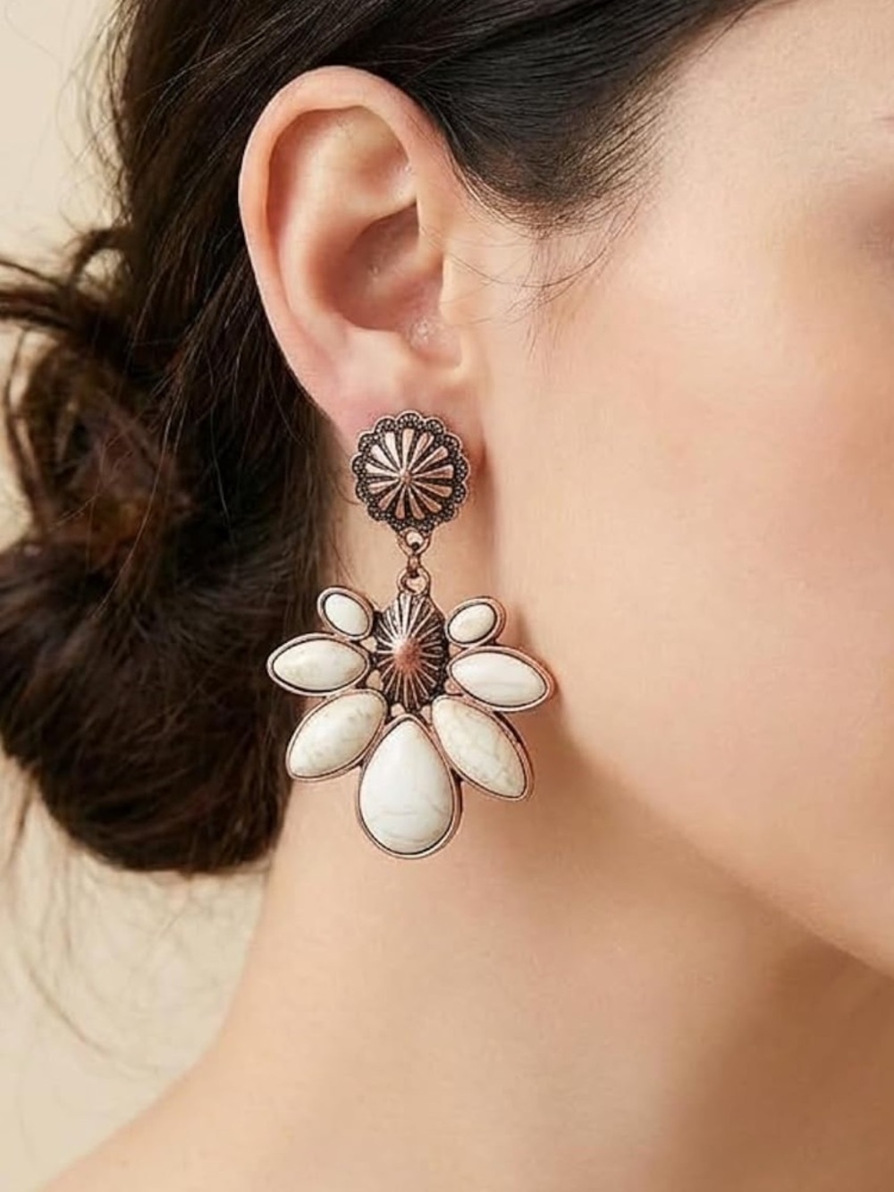 Anthropologie White Stone Floral Drop Earrings in Rose Gold Tone - Picture 6 of 7